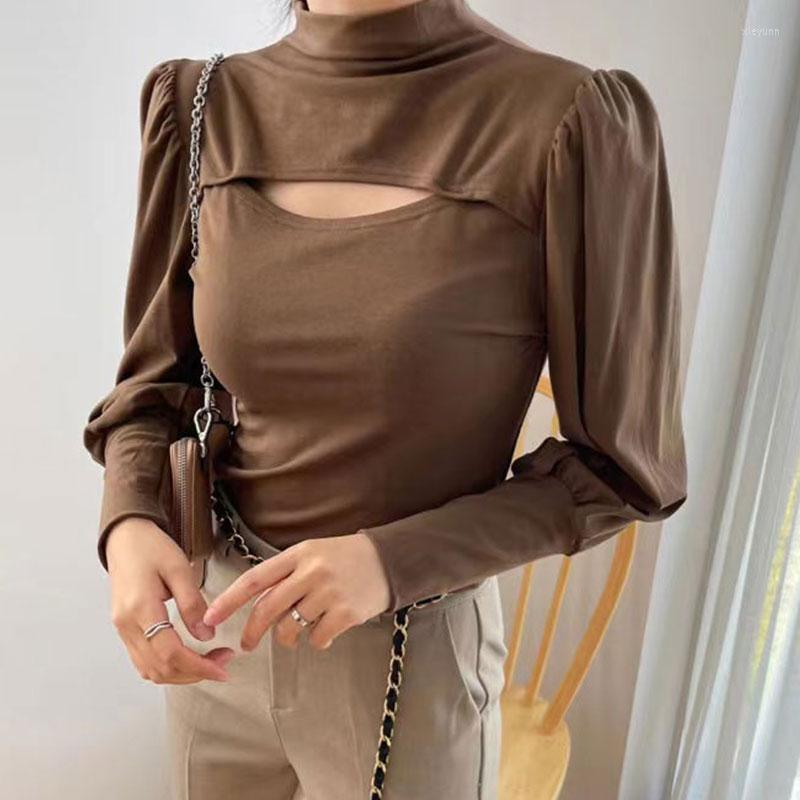 

Women's T Shirts Women Shirt Asymmetry Hollow Out Puff Sleeve Tshirt Long Sleeves White Black Sexy 2023