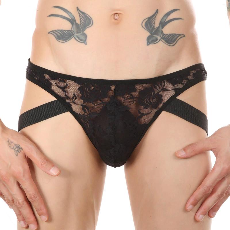 

Men' G Strings Panties Sexy Lingerie See-through Floral Lace Thongs Underpants Bulge Pouch Low Waist Elastic Waistband Briefs Underwear, Black