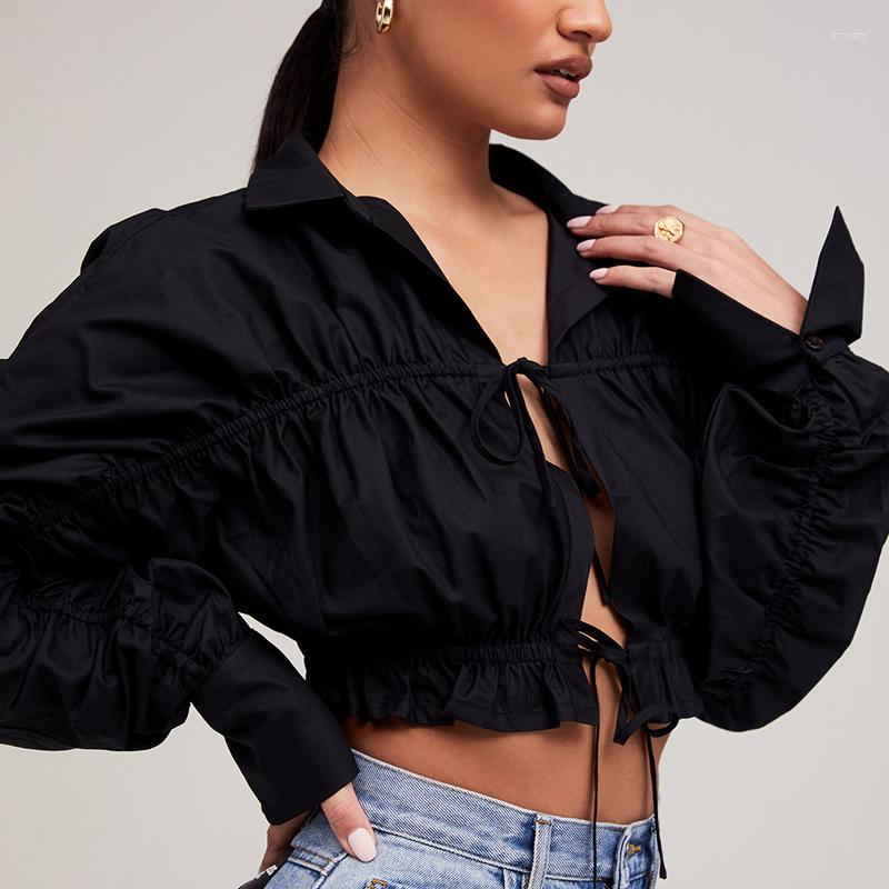 

Women' T Shirts Aesthetic Folds Drawstring Blouses Y2k Fashion Sexy Long Sleeve Crop Tops Show Waist Lacing Top Women Commute Cardigan, Black