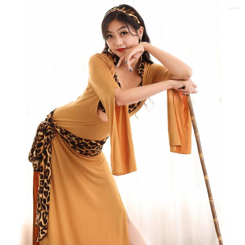 

Stage Wear 5PCS Set Performance Women Belly Dance Clothes Baladi Dress Saidi One-piece Leopard Dresses Girls Folk Costume Long Robe, Yellowish brown