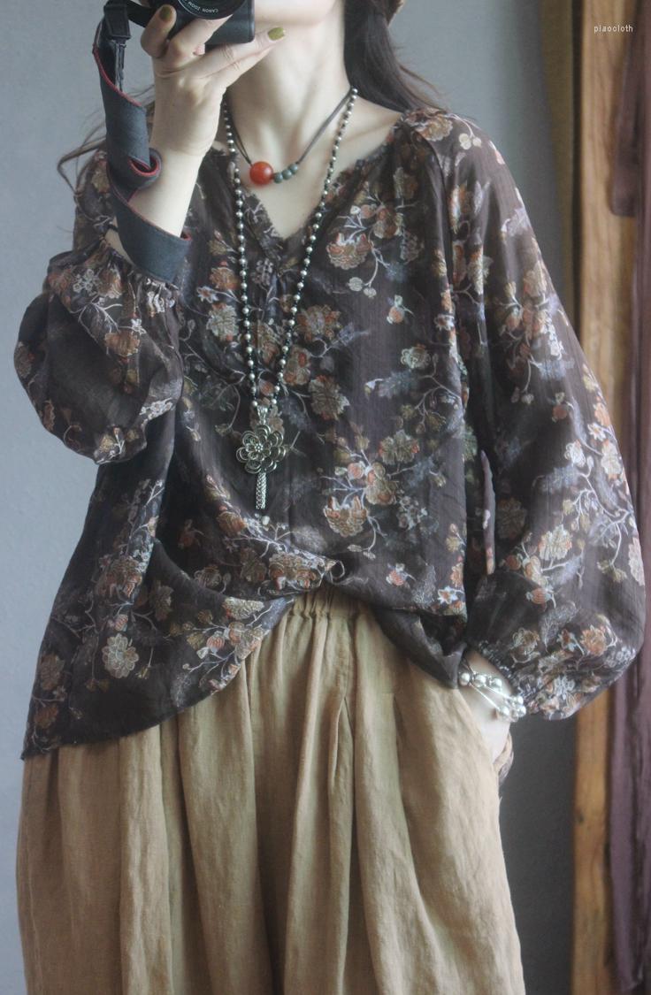 

Women's Blouses Vintage Coffee Colro Printed Ramie Shirt Women Early Spring 2023 Female Sunscreen Long-sleeved Floral Thin Loose Top