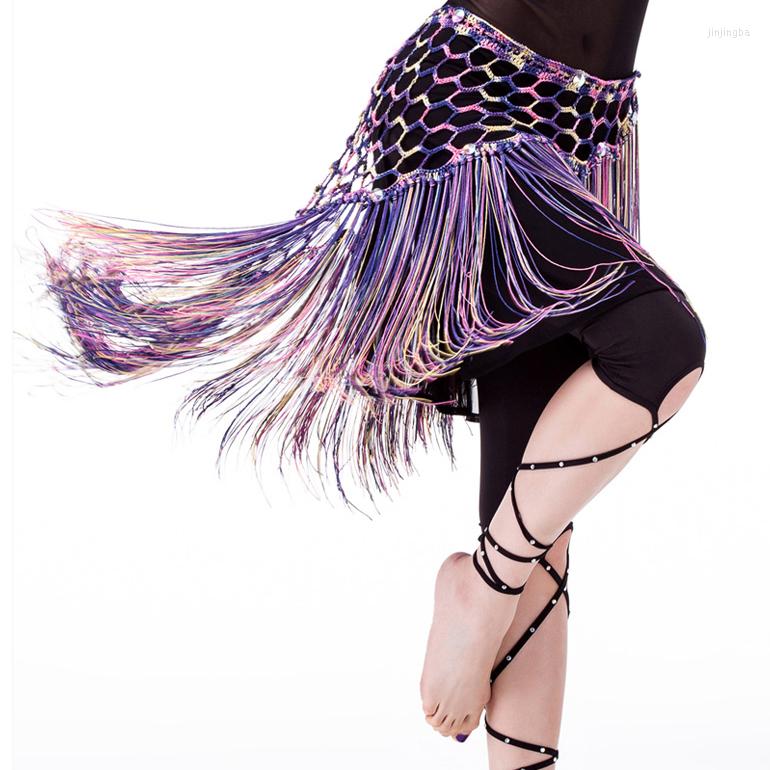 

Stage Wear Multicolored Belly Dancing Clothing Stretchy Long Tassel Knit Triangle Shawls Hand Crochet Women Dance Hip Scarf Belt, Beige