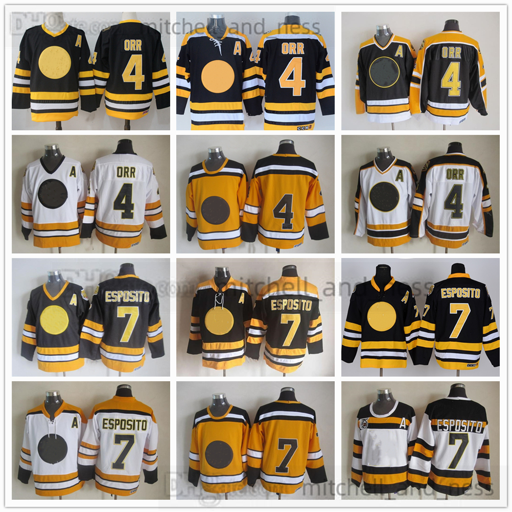 

Movie Vintage Hockey Jersey Retro CCM Embroidery 4 Bobby Orr Jersey 7 Phil Esposito White Black Yellow Jerseys, Aspicture (with team name)