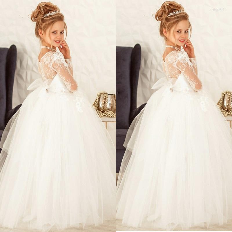 

Girl Dresses Lace Flower 2023 Bow Tie Back Ball Gown Long Train Princess Girls Dress Robe Princesse Fille, White