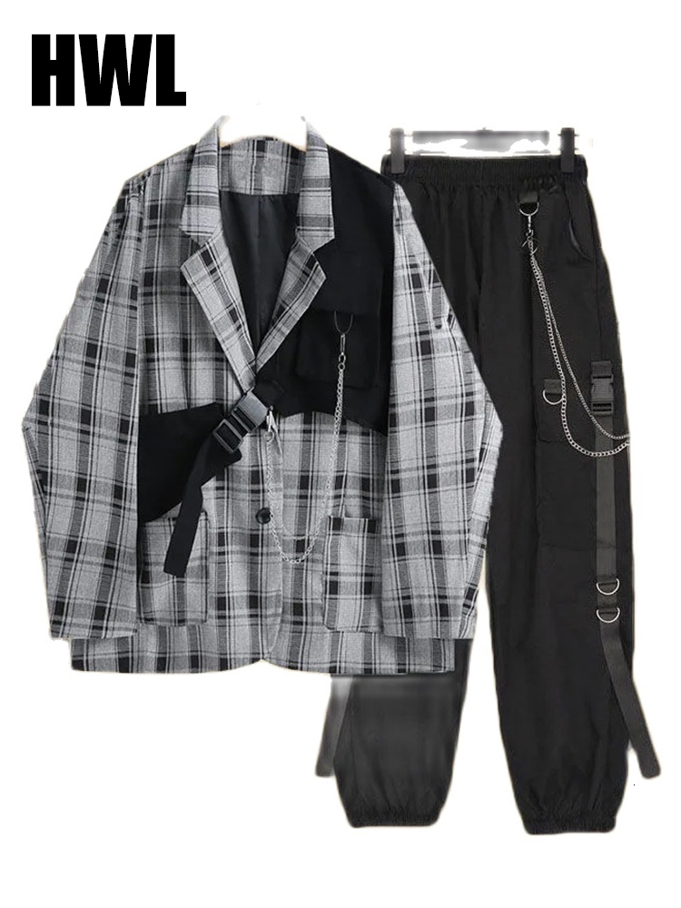 

Women s Two Piece Pants Autumn Unisex 3 Suits Streetwear Loose Plaid Vest jacket Chain Cargo Women 230317