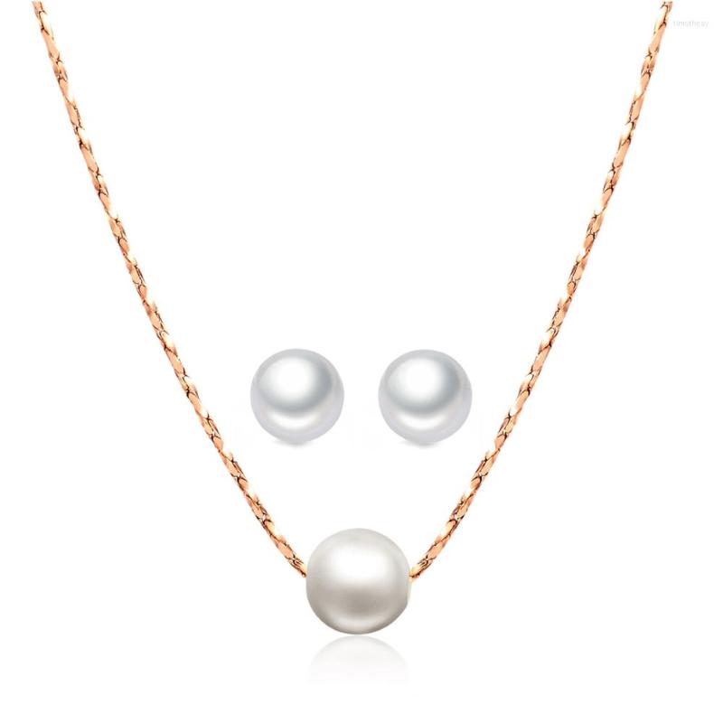 

Necklace Earrings Set Imitation Pearl For Women Simple OL Lady Style Rose Gold Color Earring Gifts Fashion Jewelry S358, Picture shown