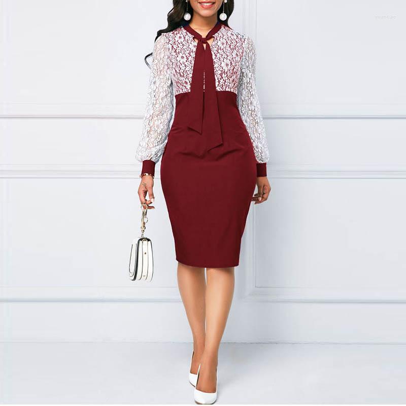 

Casual Dresses Fashion Women Lace Patchwork Party Dress Spring Autumn O-neck Long Sleeve Bodycon Midi Elegant Office Lady Vestidos, 03 blue