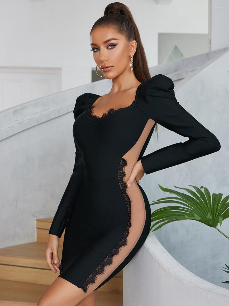

Casual Dresses Modphy 2023 Black Women'S Long Sleeve Square Neck Tight Lace Patchwork Bandage Mini Dress Fashion Club Party