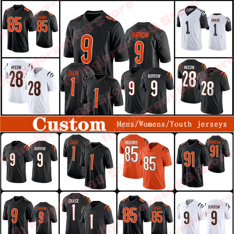 

9 Joe Burrow Mixon 28 Football Jersey 1 Ja'Marr Chase Evan McPherson Tee Higgins Logan Wilson Sam Hubbard Tyler Boyd Trey Hendrickson Daxton Hill Chris Evans Bates III, Mens jersey(meng hu)