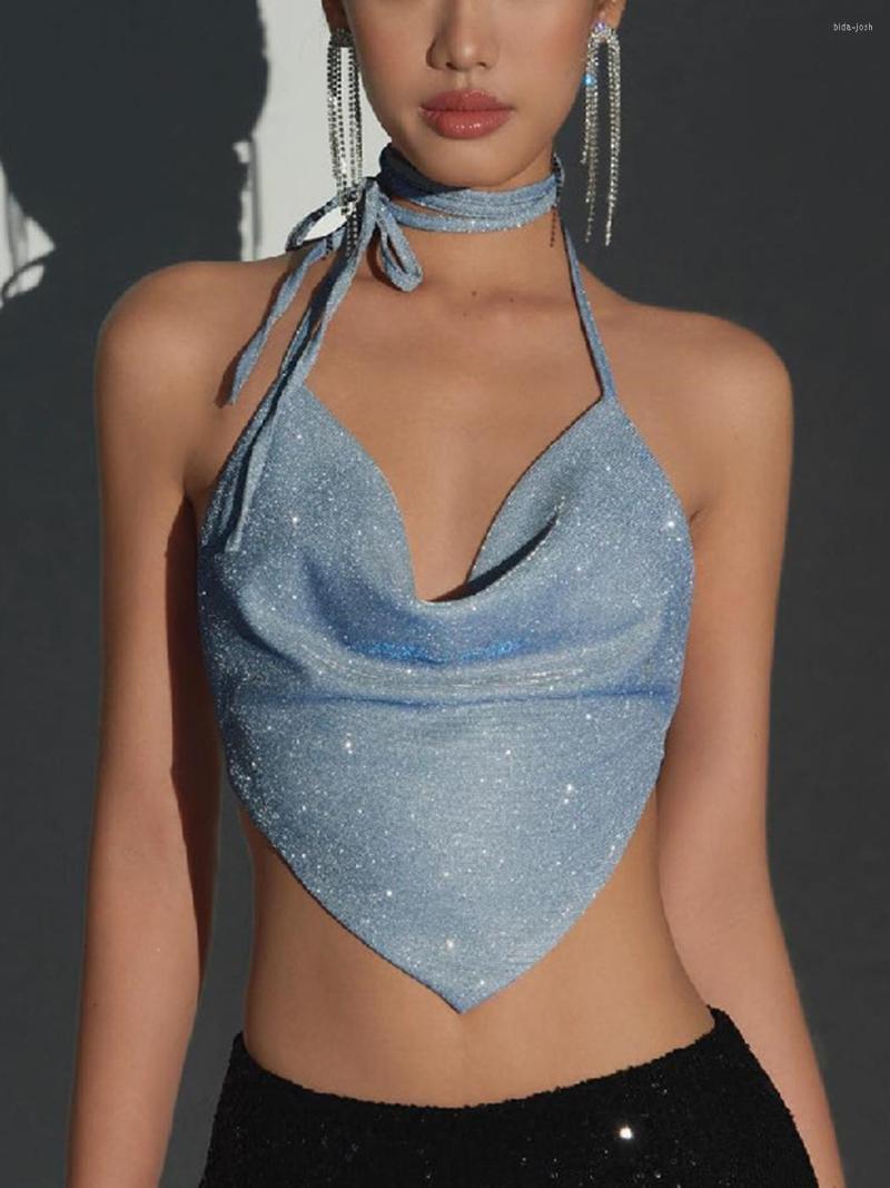 

Women' Tanks Shinny Lace Up Crop Top Sexy Bandage Halter Backless Tank Tops Aesthetic Irregular Skinny Slim Streetwear Club Party Vest 2023, Blue