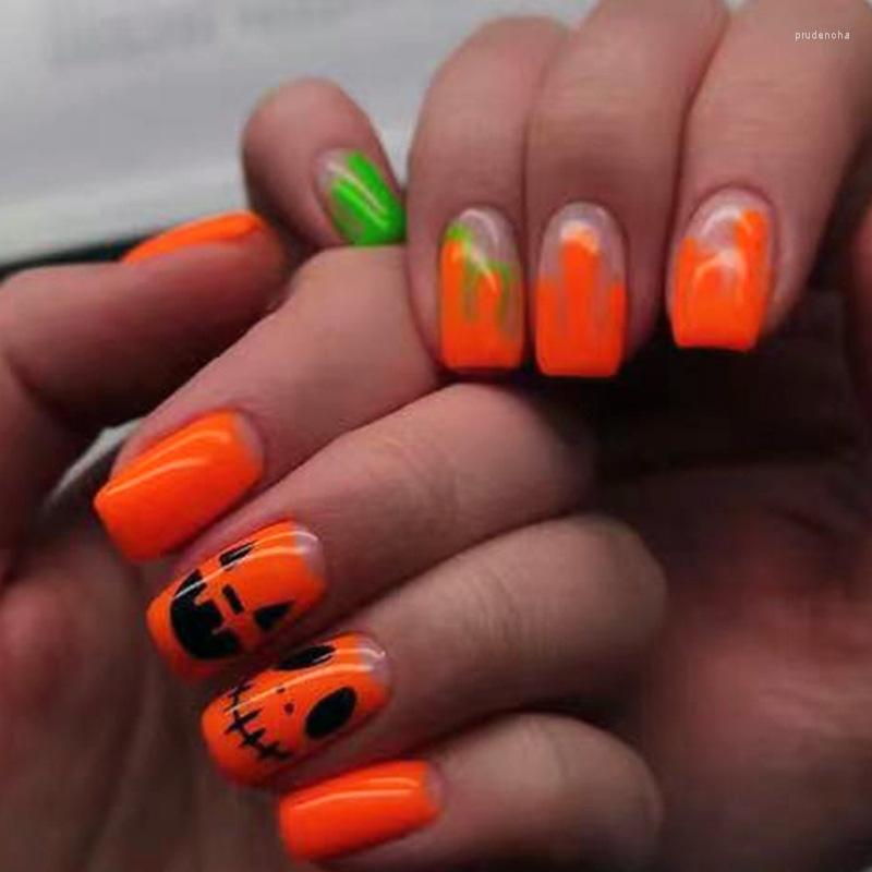 

False Nails 24pcs Pumpkin Halloween Short Press On Fake Nail Set Black French Tip Full Cover Coffin Acrylic Long Art Tips, Z064