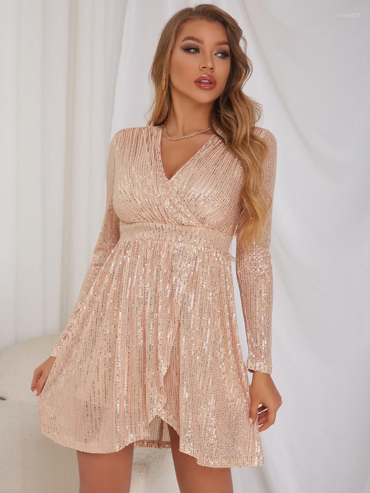 

Casual Dresses Tellshun Fashion Sequins Mini Dress Women 2023 Autumn V-neck Long Sleeve Sexy Banquet Club Evening Runway Party Dinner, Silver