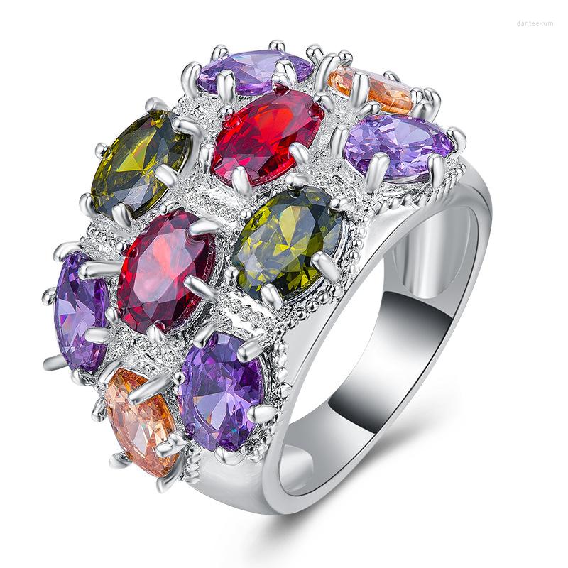 

Wedding Rings Hainon Big Flower Colorful Zircon Stone Silver Color For Women Luxury Engagement Party Jewelry Christmas Ring Gift