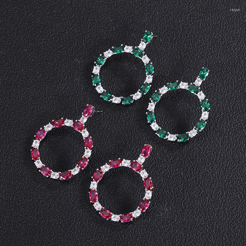 

Stud Earrings EYIKA Silver Color Oval Simulated Ruby Emerald Round Drop For Women Rhodium Plated Sparkling Zircon Wedding Jewelry