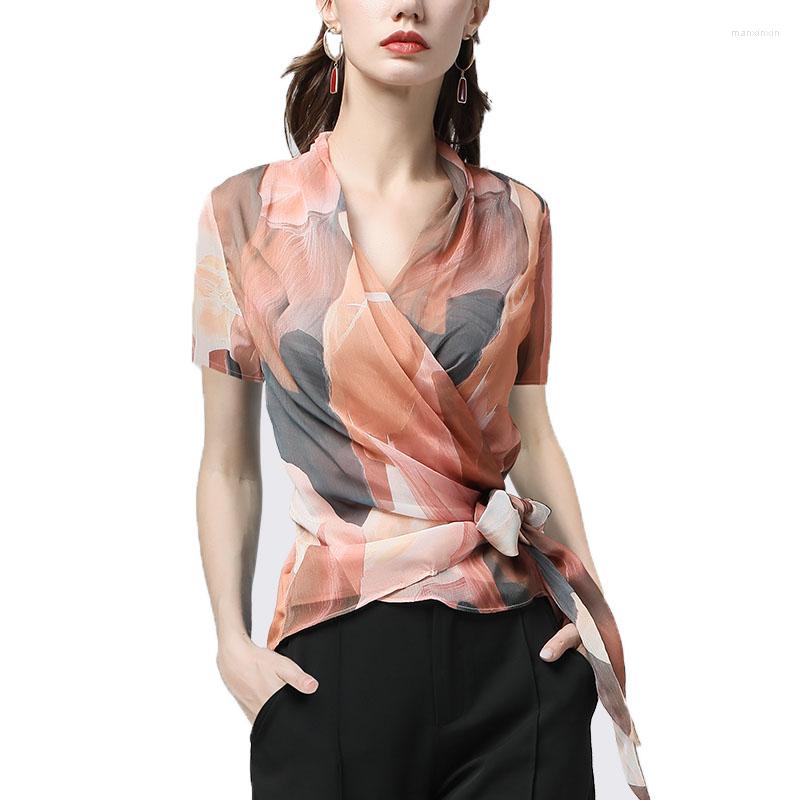 

Women's Blouses 2023 Summer Orange Patchwork Chiffon Blouse Women Crossed V-Neck Short Sleeve Lace-Up Tops Elegant Slimming Ladies Shirts