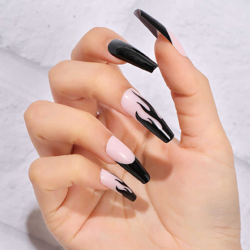 

False Nails Hot Selling Removable Nail Wearing Flame Ballet Long Patch 230317, Black