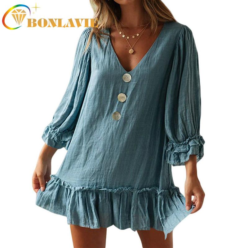 

Casual Dresses Women Loose Type Big Hem Dress Spring Summer V-neck Solid Color Cotton Linen Full Sleeve Short Length Ruffles Edge Girls