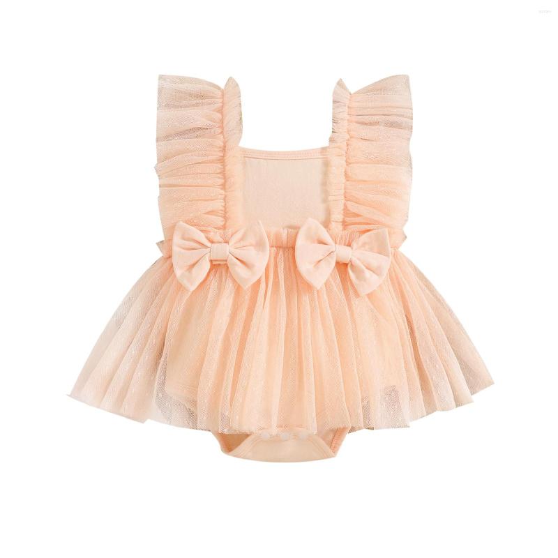 

Girl Dresses 0-24M Baby Girls Bodysuit Solid Sleeveless Square Neck Bowknot Party Princess Tulle Dress, Picture shown