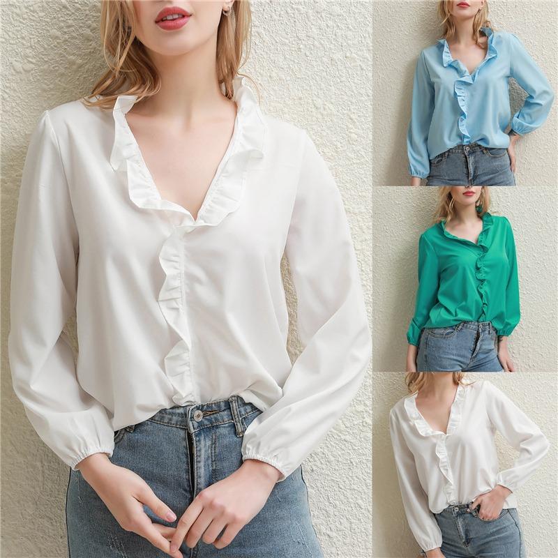 

Women' Blouses Chic Chiffon Shirt Loose Tops Women Pure Color Layer Flounce V-neck Long Sleeve High Waist Pullover Slim, Green