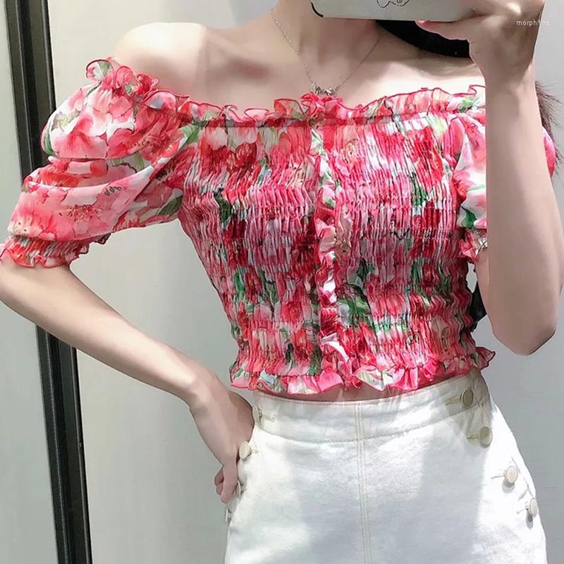 

Women's T Shirts 2023 Spring Floral Ruffled Cottagecore Crop Top Vintage Short Sleeve T-shirt Retro Elastic Loose Print T-shirts Women's, Picture shown