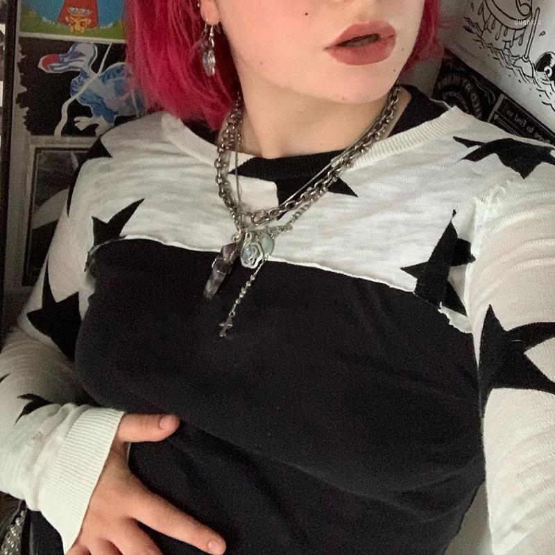 

Women' T Shirts Star Y2K Babes Retro Round Neck Light Knitted Long-sleeved Tops Small Outerwear Ultra-short Blouses High Street Fashion, White