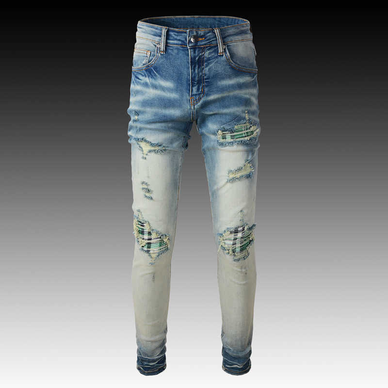 

Jeans Mens Am1r1 Trousers Pants Mirri Ripped Fashion Designer Brand New Men's White Embroidery Patch Elastic Slim Denim Hip Hop High Y2RK, Light blue