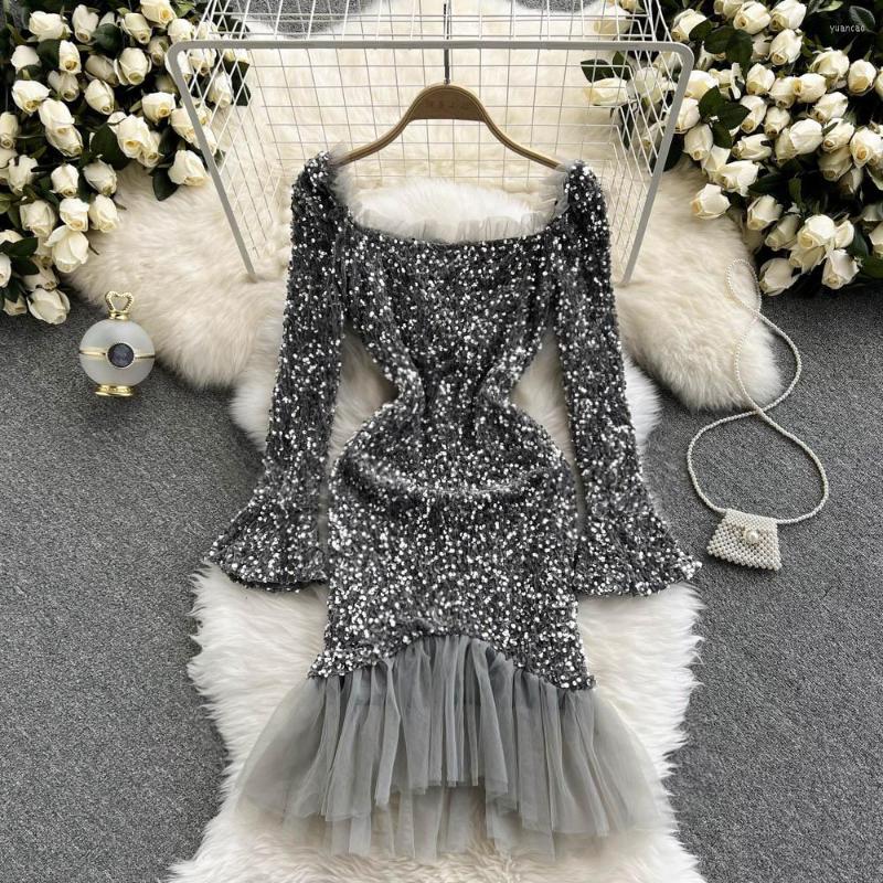 

Casual Dresses Girl Fashion Luxury Mesh Patchwork Sequin Dress Women Waist Close Square Neck Show Clavicle Horn Sleeve Party Evening, Gray
