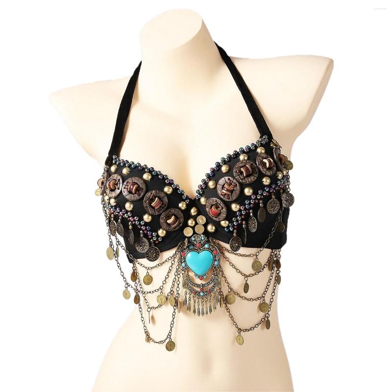

Stage Wear Vintage Gypsy Bra Tribal Belly Dance Push Up Wooden Beads Top With Swags And Turquoise Medallion, Picture shown