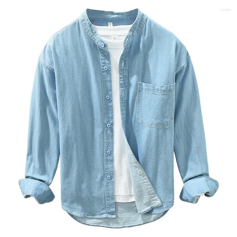 

Men's Casual Shirts Japanese Simple Men's Denim Long-sleeved Shirt Art Loose Stand Collar Jacket 2023 Spring Male Jean Cotton Tops, Light blue