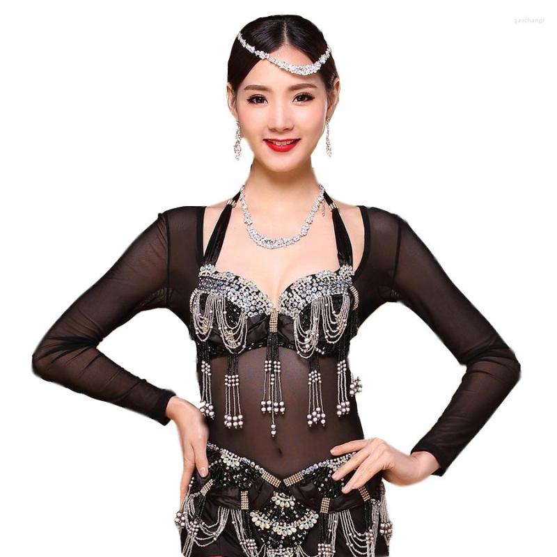 

Stage Wear Plus Size One Piece Dance Accessories Long Sleeves Chest Opened Women Bodysuit Bottoming Shirt Belly Tops, Black