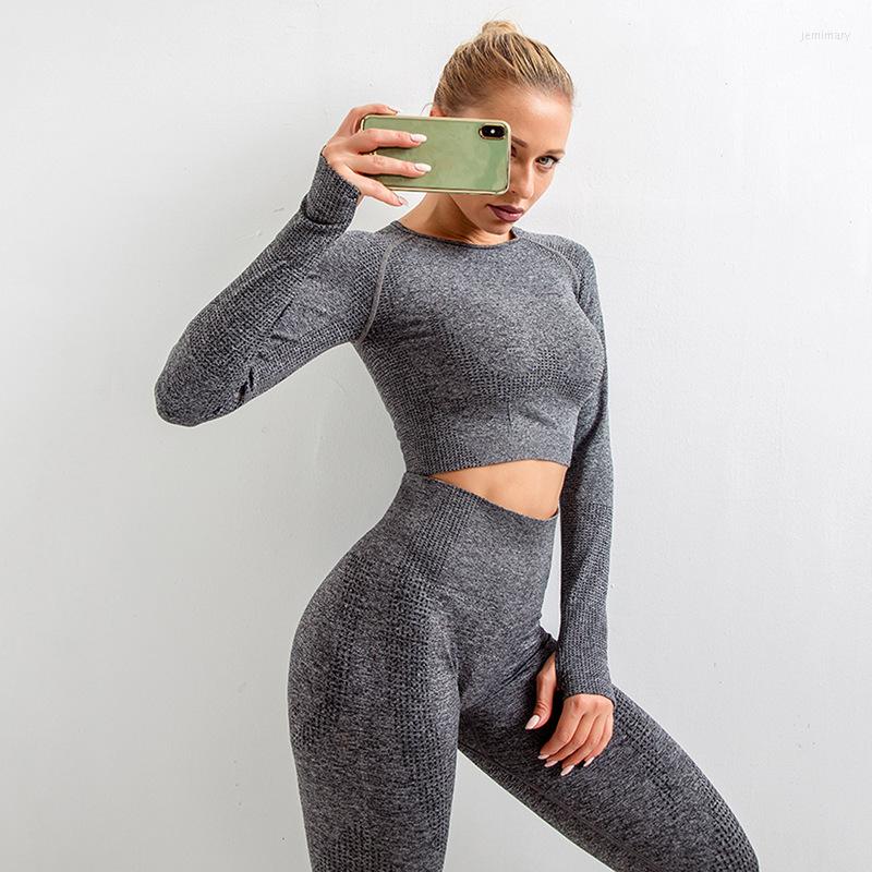 

Active Sets 3PCS Seamless Yoga Set Women Long Sleeve Workout Sportswear Gym Clothing Fitness Crop Top High Waist Leggings Sports Suits Bras, Blue