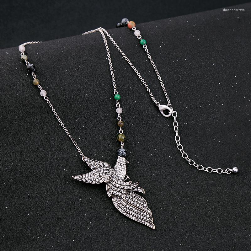 

Pendant Necklaces Antique Silver Color Synthetic Stone Beads Chain Crystal Bird Necklace Adjustable Women Fashion Jewelry