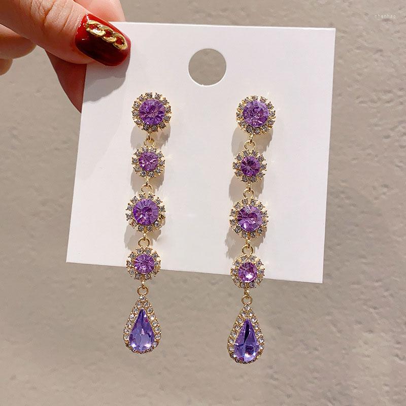 

Dangle Earrings Luxury Purple Color Crystal Water-drop For Women Fashion Korean Style Long Tassel Jewelry Party Accessories Gifts C355