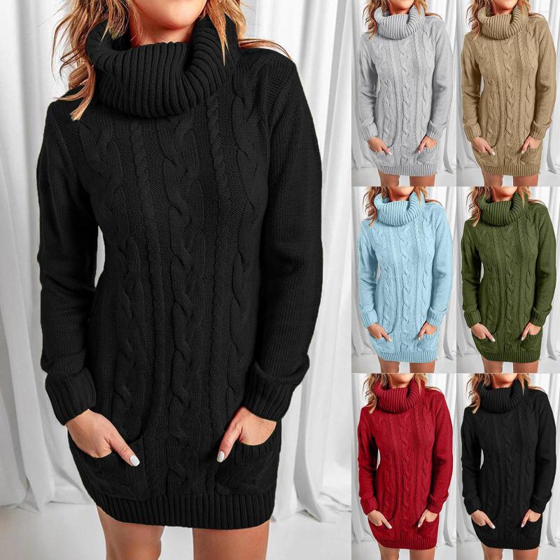 

Casual Dresses Warm Knit Sweater Mini Dress For Women Autumn Winter 2023 Fashion Fit Long Sleeve Pleated Turtleneck Round Neck Vestidos, Black