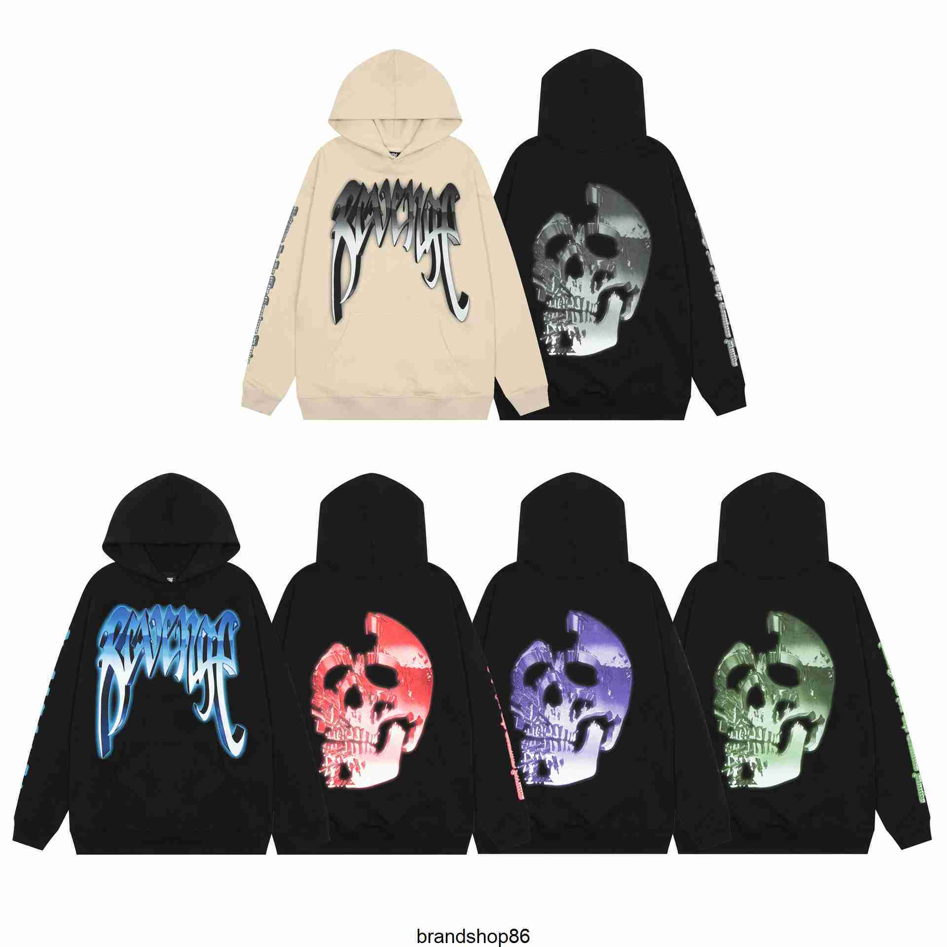 

Men' Hoodies Sweatshirts Revenge Six Color Technology Mask Metal Letter Skull Print Round Neck Hoodie and Women, Apricot grey