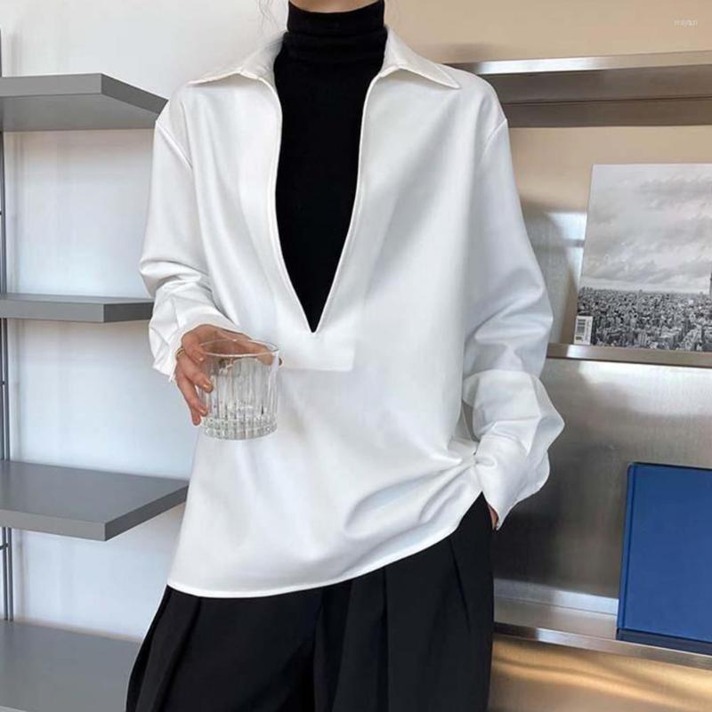 

Women' Blouses Women Shirt Solid Color Loose Deep V Neck Turn-down Collar Formal Warm Elegant Business Mid Length Fall Blouse Female, Black1