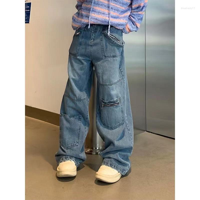 

Men's Jeans American Retro High Street Hip-hop Multi-pocket Washed Tooling Male Y2K Couple Design Sense Loose All-match Wide-leg Pants
