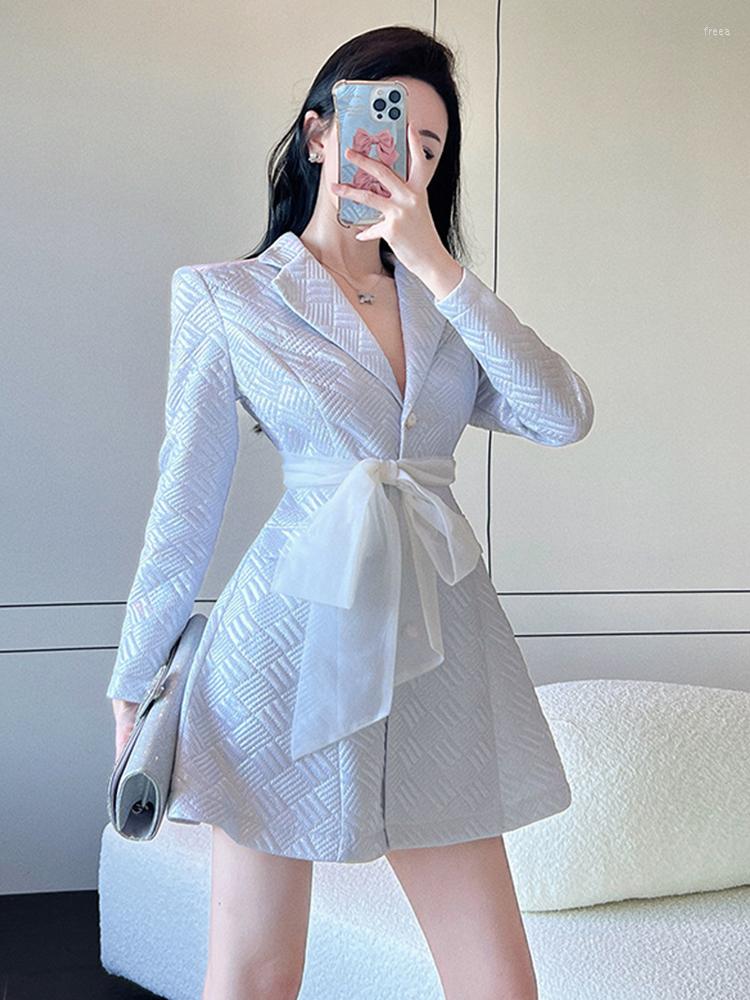 

Casual Dresses Spring Autumn Fashion Women Dress Chic Temperament Blazer Suit Sexy Single Breasted Backless Slim Mini Party Prom Mujer, Silver
