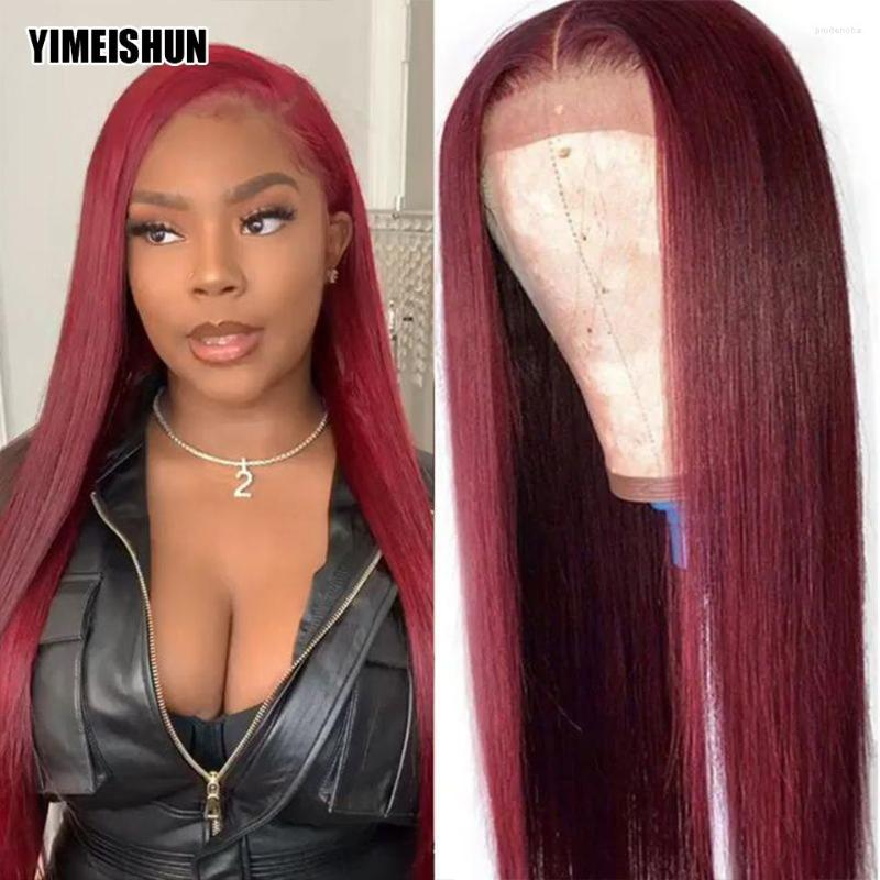 

4x4 Closure Wig Glueless Wigs Human Hair Burgundy Straight With Adjusted Strap T Part Lace Remy Yimeishun, 99j