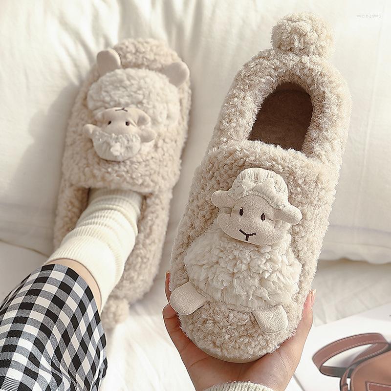 

Slippers Plush Sheep Cartoon Cotton Wrapped Root Winter Ladies Non-slip Hick Bottom Warm Couples Indoor Home Flat Women, Pink