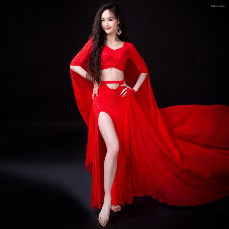 

Stage Wear Elegant Women Belly Dance Dress Shiny Girls Outfit With Cloak Veil Cape Oriental Performance Costume Set, Black