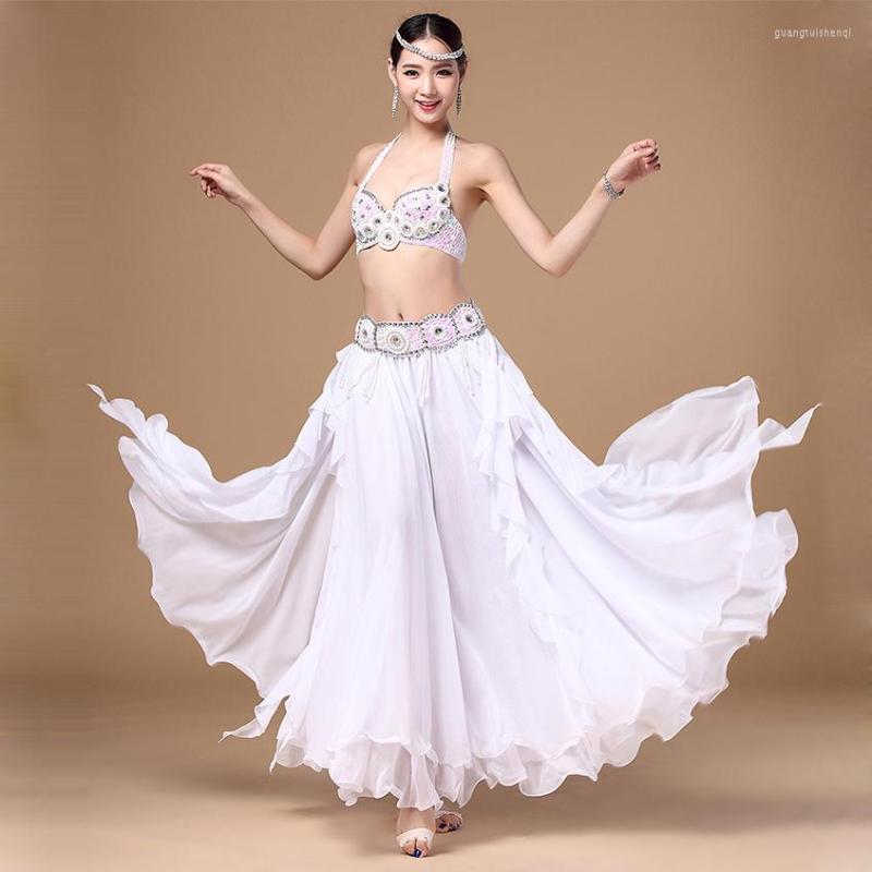 

Stage Wear Arrivals Performance Oriental Belly Dancing Clothes 3-piece Suit Bead Bra Belt And Skirt Dance Costume Set, White