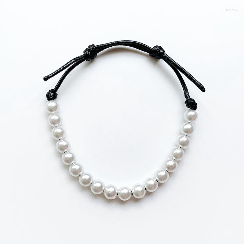 

Link Bracelets Handmade White Simulated Pearl Bracelet Black Cord Adjustable Artificial Pearls Beads Jewelry 1PC