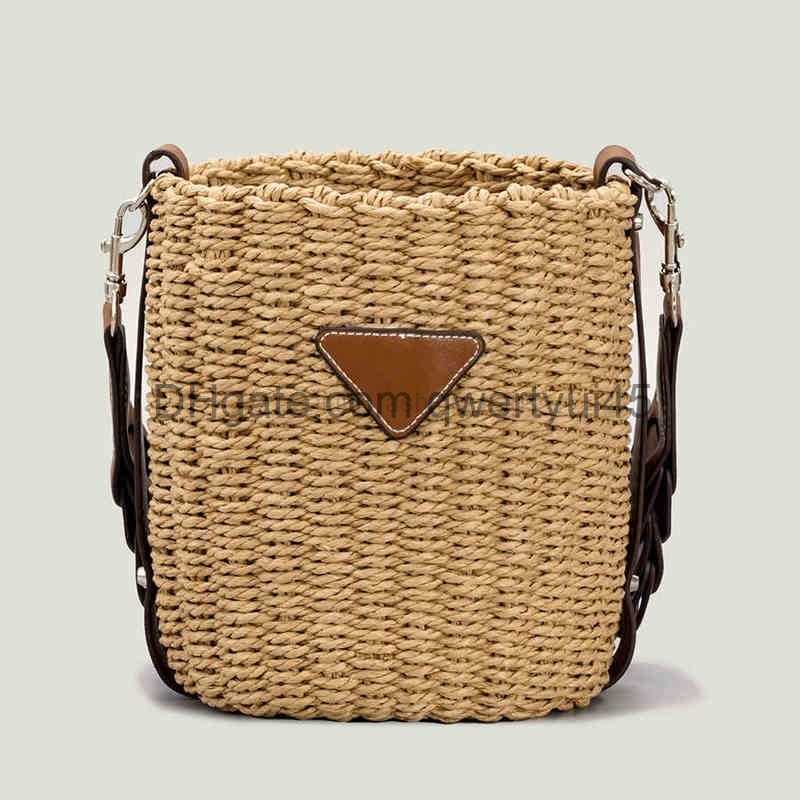 

qwertyui45 Totes Designer Rattan Basket Bags for Women Straw Woven Bucket Bags Brand Round Shoulder Bag Female Shopper Handbags Purses 2022 Ins H 031723H, Red