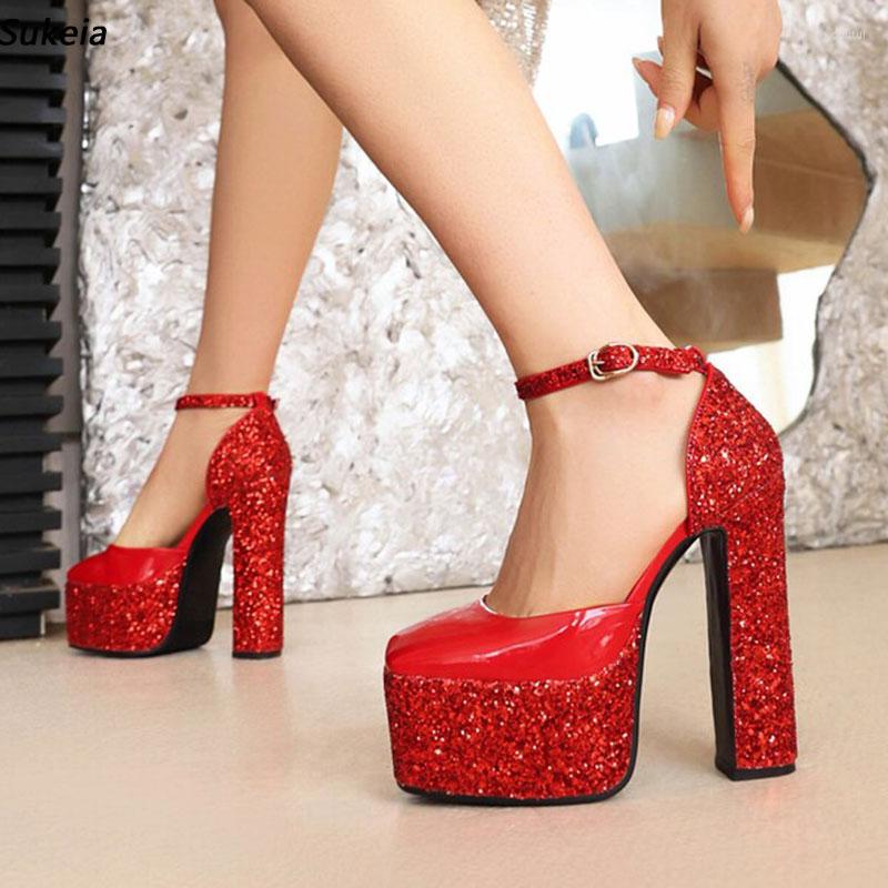 

Dress Shoes Sukeia Women Spring Pumps Buckle Strap Square Toe Fabulous Red Silver Fuchsia Night Club Ladies US Size 3-10.5, E0567 white