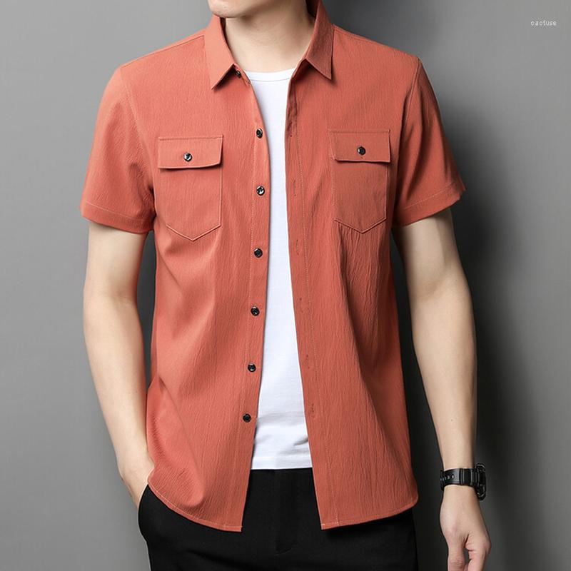 

Men's Casual Shirts Classic Men's Short Sleeve Cargo Shirt 2023 Summer Business Double Pocket Tooling Male Fashion Brand Black Top, Khaki