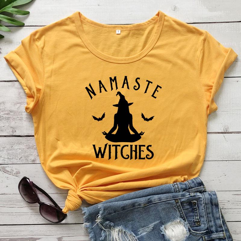 

Women's T Shirts Summer Namaste Witches T-shirts Women Crewneck Funny Graphic Cotton Workout Tee Shirt Top Stylish Halloween Holidays Gift, Dark gray-white text