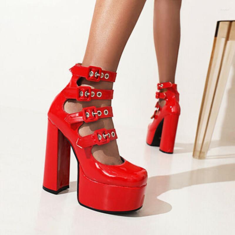 

Dress Shoes Women's Square Toe Buckle Platform Block Super High Heels Patent Leather, Red