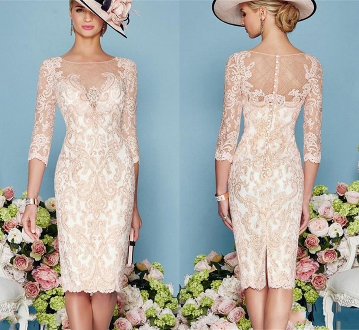 

2020 Lace Mother Of The Bride Dresses Formal 34 Sleeve Knee Length Sheer Neck Applique Mother Groom Dresses Lace Guest Dress DH625075871