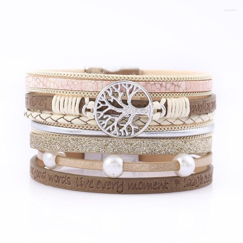 

Charm Bracelets ZG Ladies Bracelet Leather Weave Tree Of Life Magnetic Buckle Embossed Letters Pearl Bangle Female Jewelry